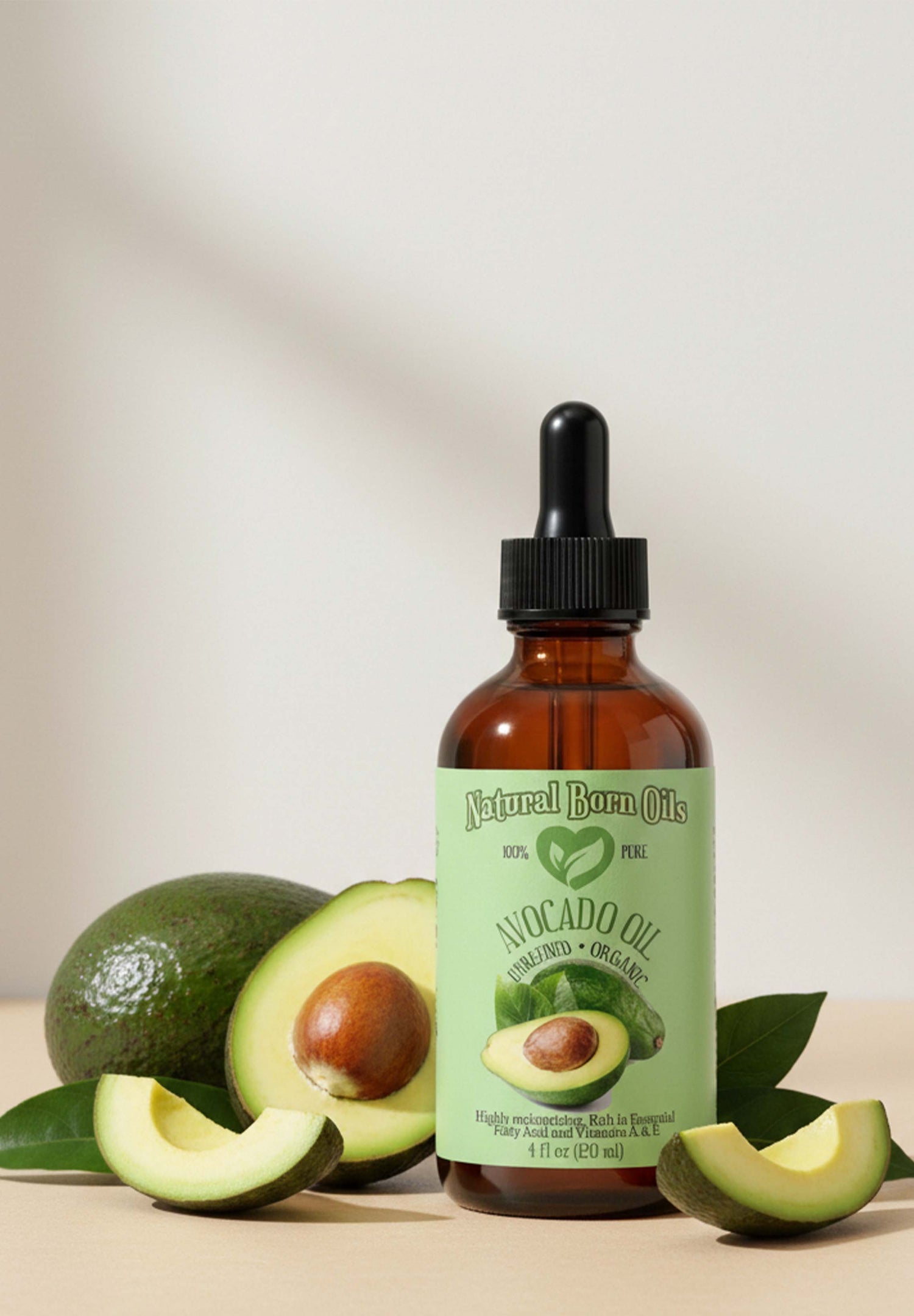 Bottle of Natural Born Oils Avocado Oil with avocados on a light background