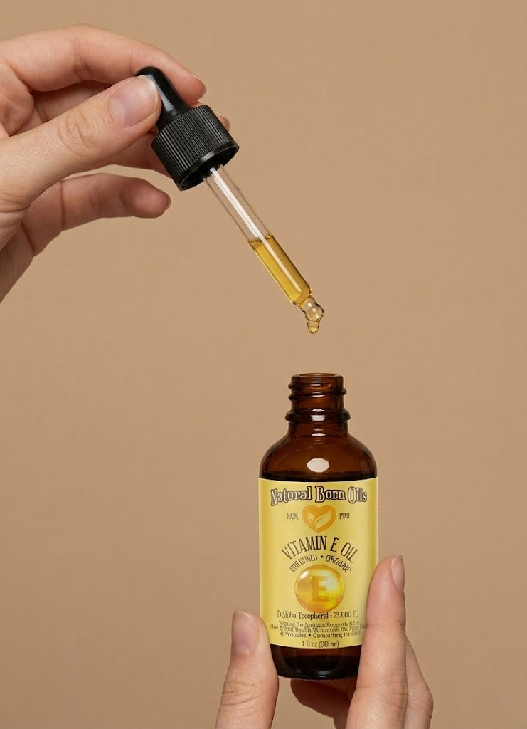 Hand holding a bottle of vitamin E oil with a dropper against a beige background