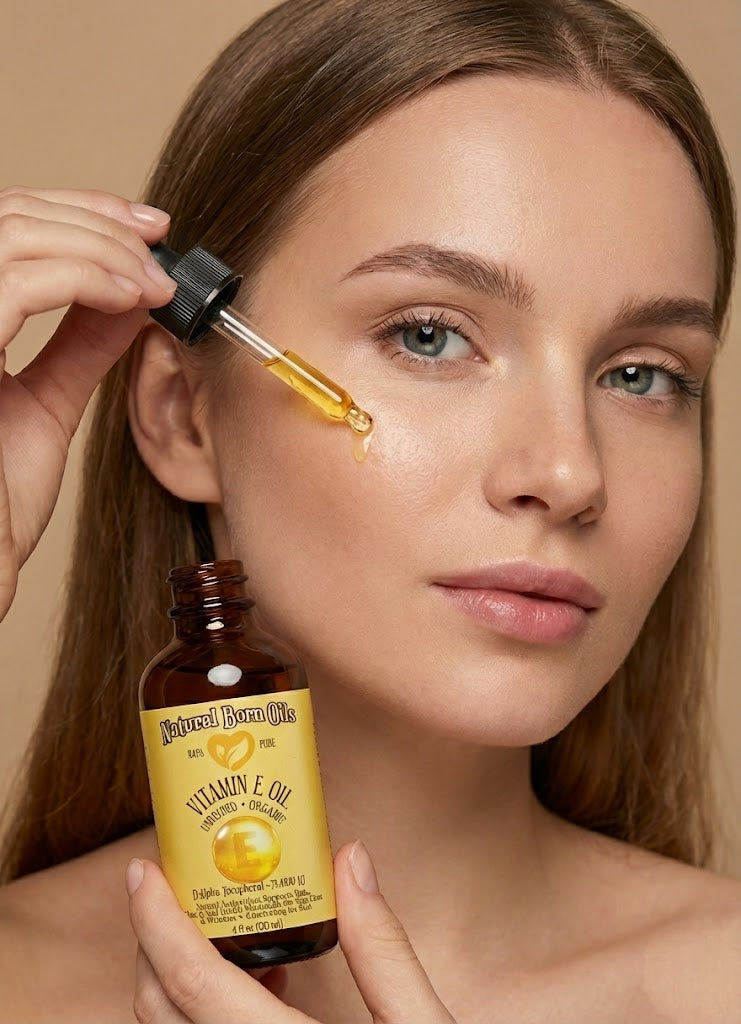 Woman applying a dropper of oil to her face with a bottle labeled 'Natural Born Kids Vitamin E Oil' held by another hand.
