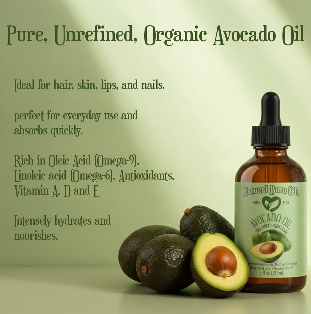 Bottle of avocado oil with avocados on a light green background
