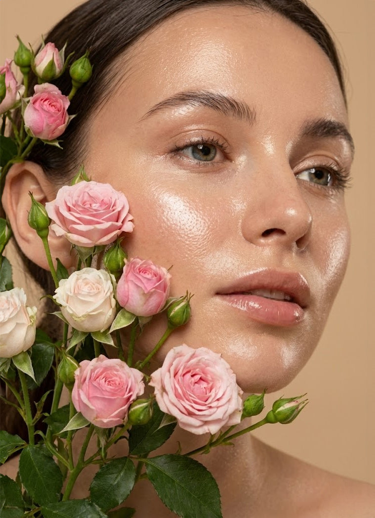 Woman with pink roses around her face on a beige background
