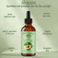 Bottle of avocado oil with key benefits listed on a light green background