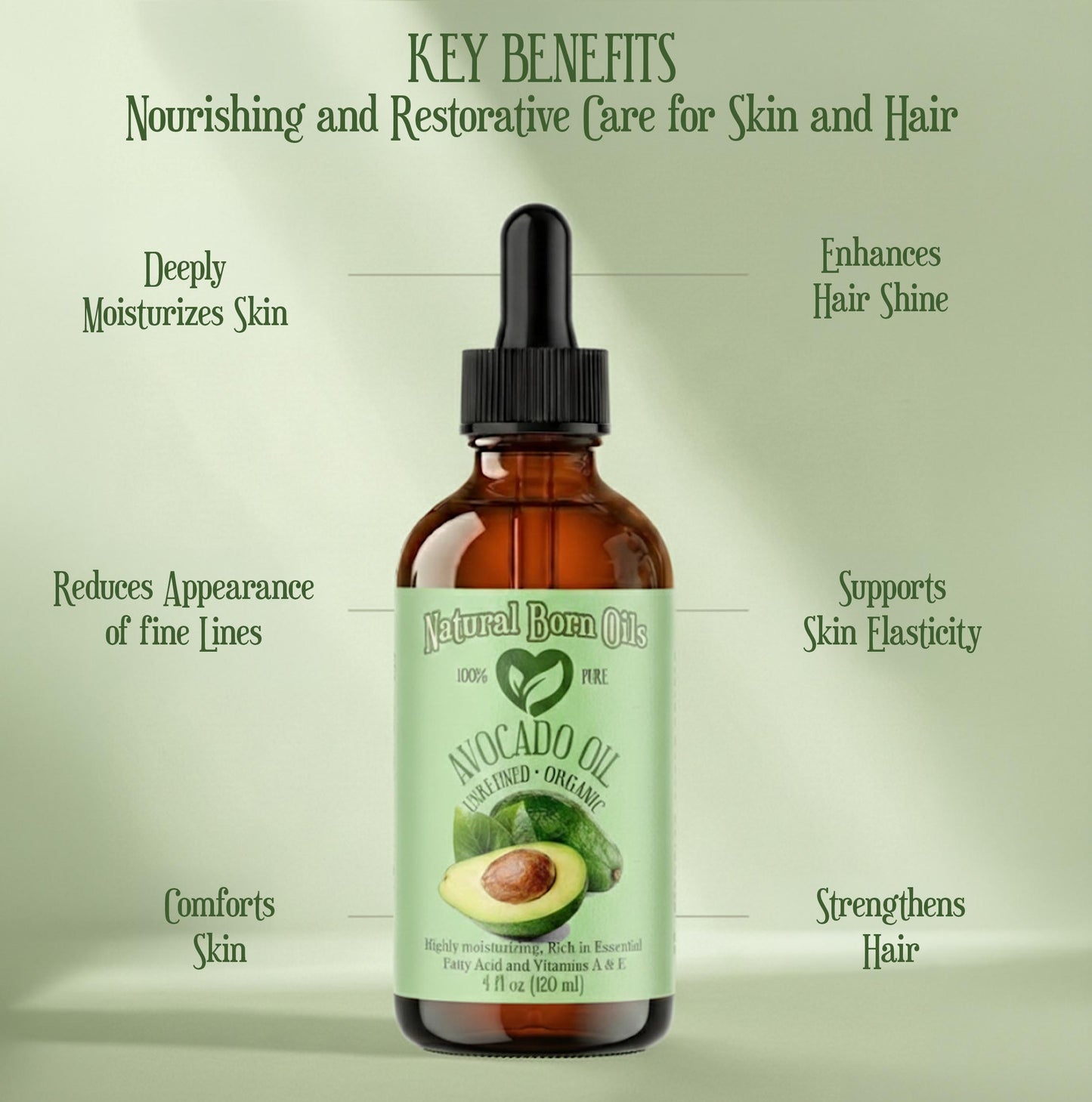 Bottle of avocado oil with key benefits listed on a light green background