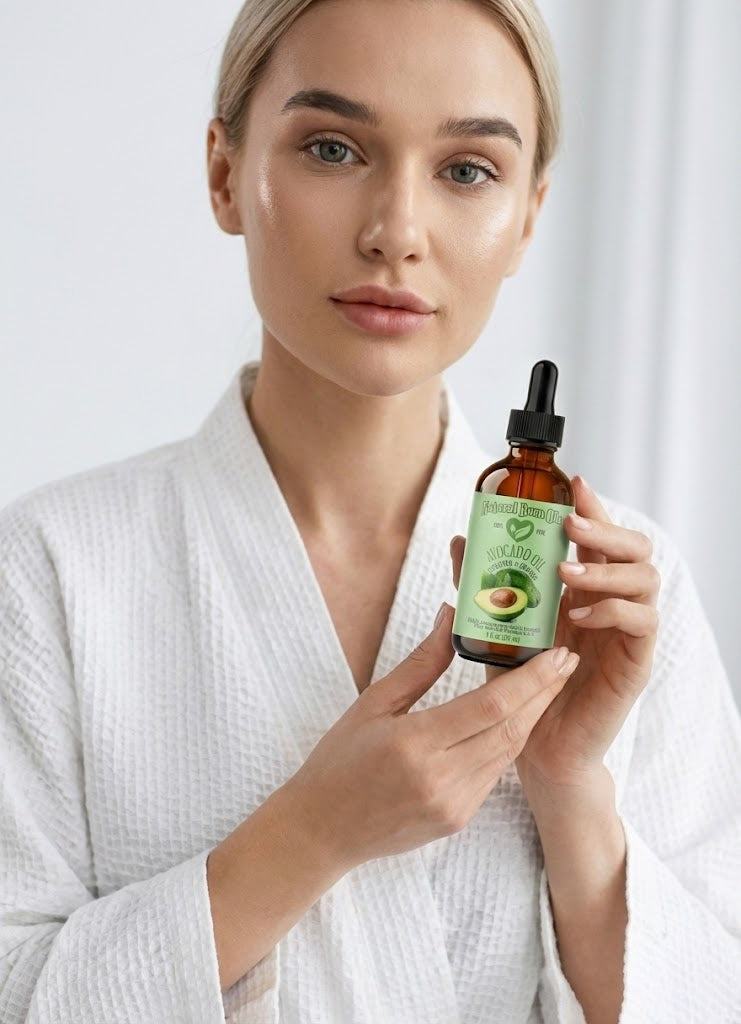 Woman holding a bottle of Avon facial serum with a white background