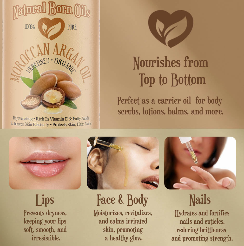 Advertisement for Moroccan Argan Oil with product packaging and usage benefits on a beige background.