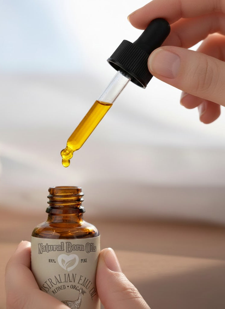 Hand holding a bottle of Australian Born Oil with a dropper.
