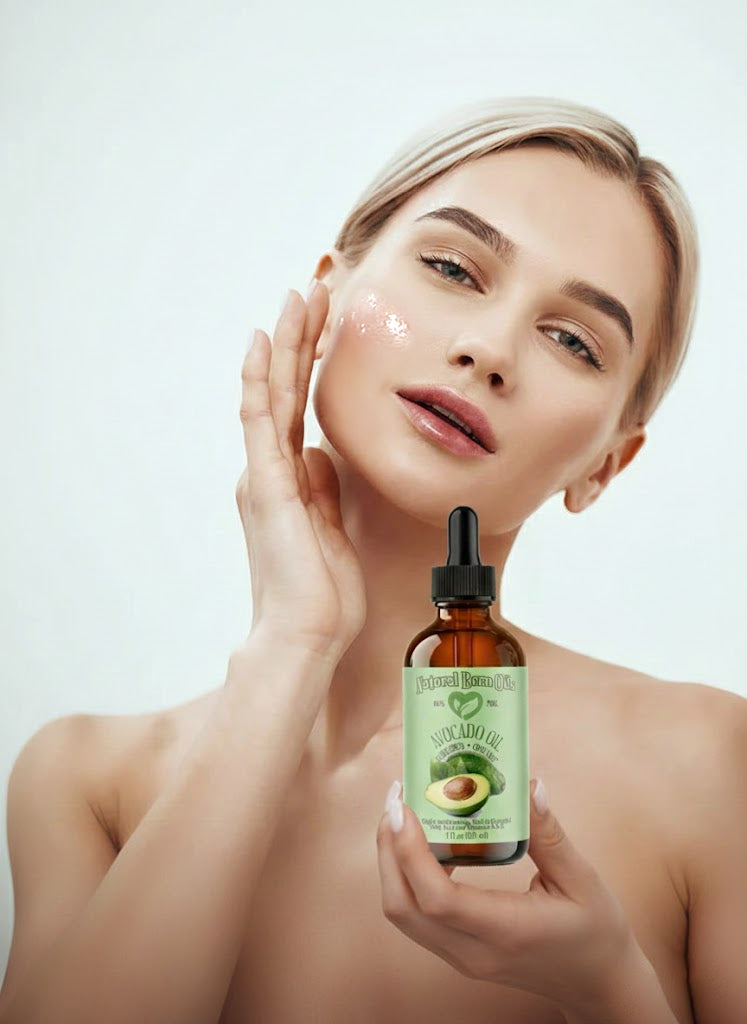 Woman holding a bottle of avocado oil with a neutral background