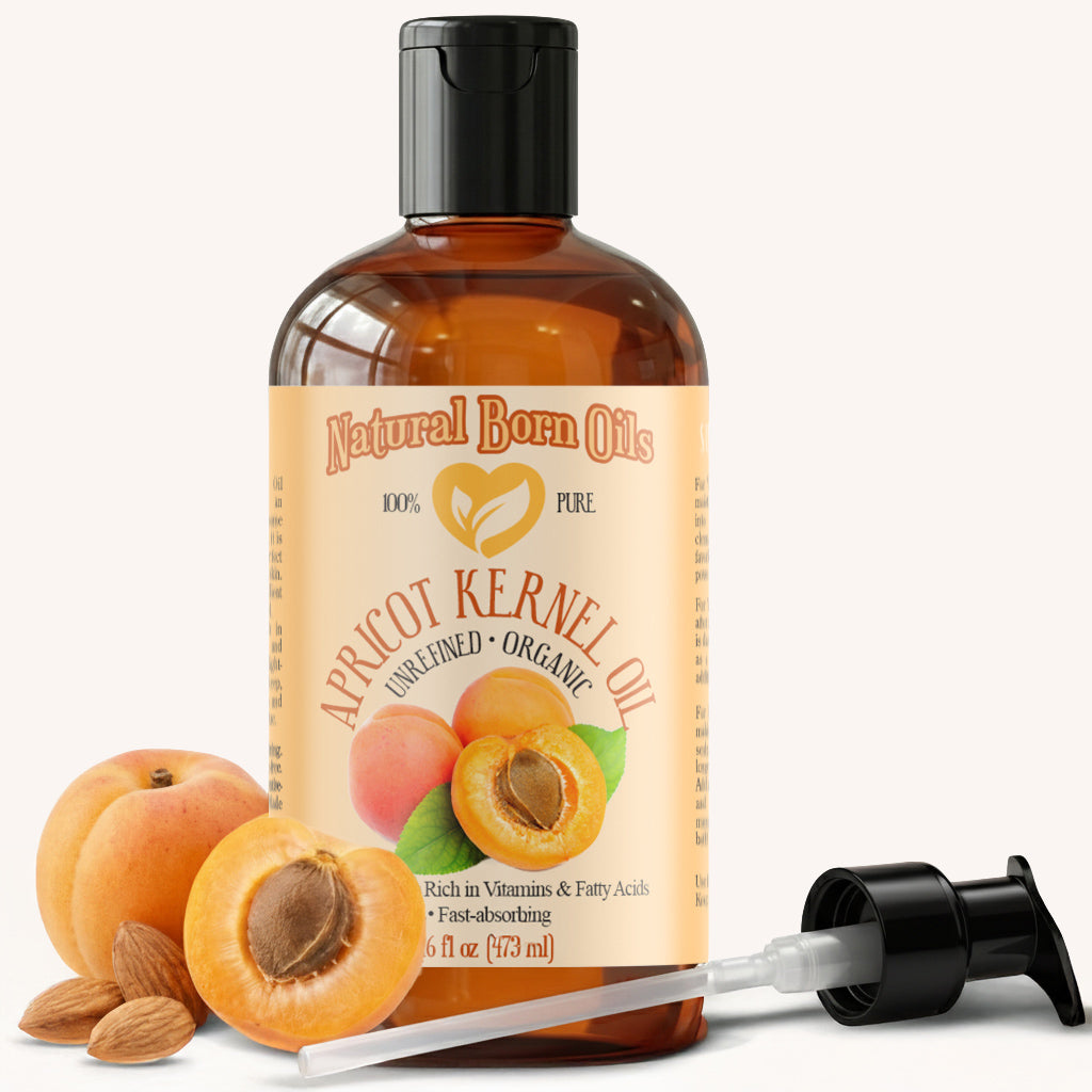 Bottle of Natural Born Oils apricot kernel oil with pump on a white background