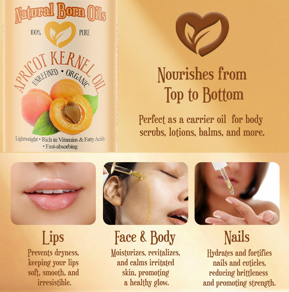 Advertisement for Natural Born Oils apricot kernel oil with product packaging and usage benefits.