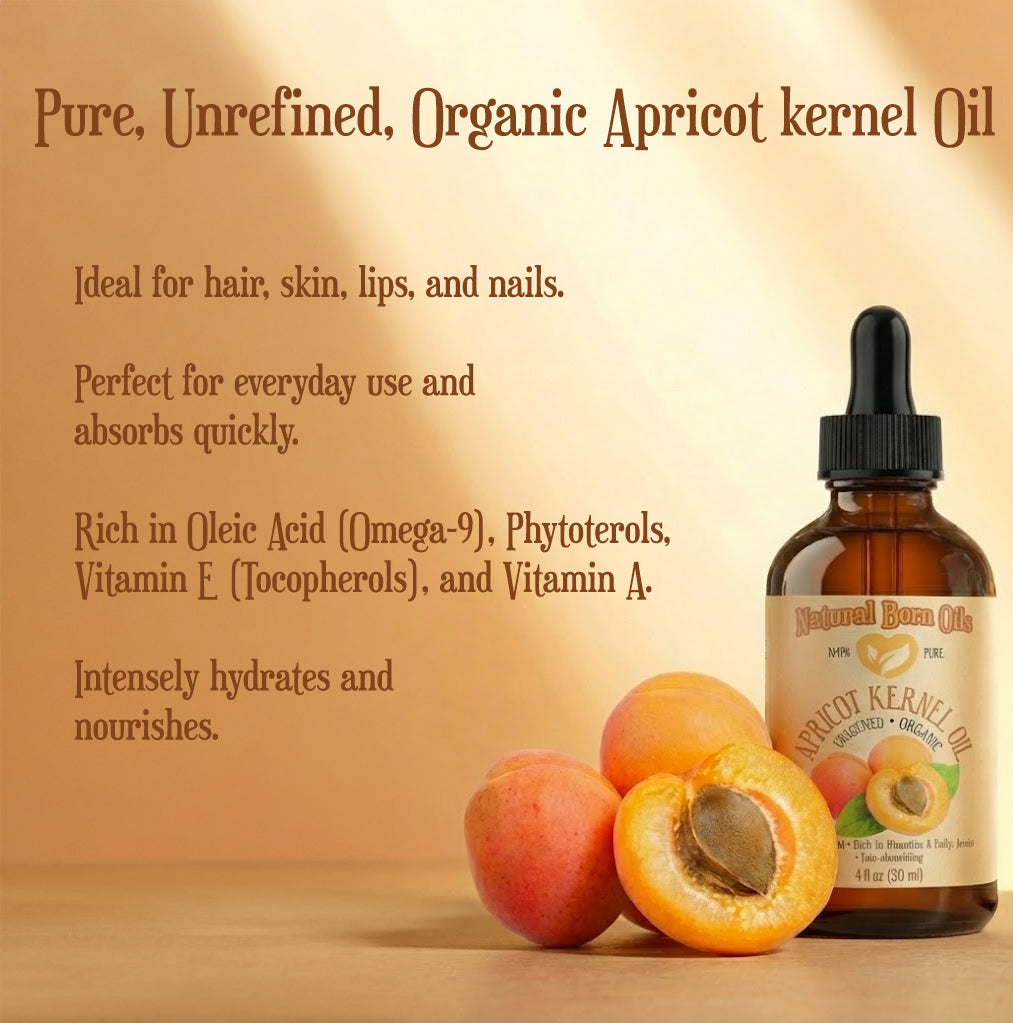 Bottle of apricot kernel oil with apricots on a wooden surface and text about its uses.