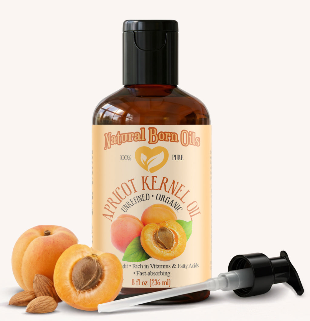 Bottle of Natural Born Oils apricot kernel oil with pump on a white background