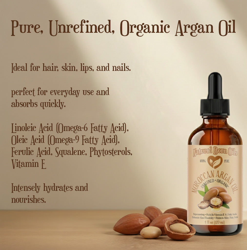 Bottle of organic argan oil with nuts on a wooden surface and beige background