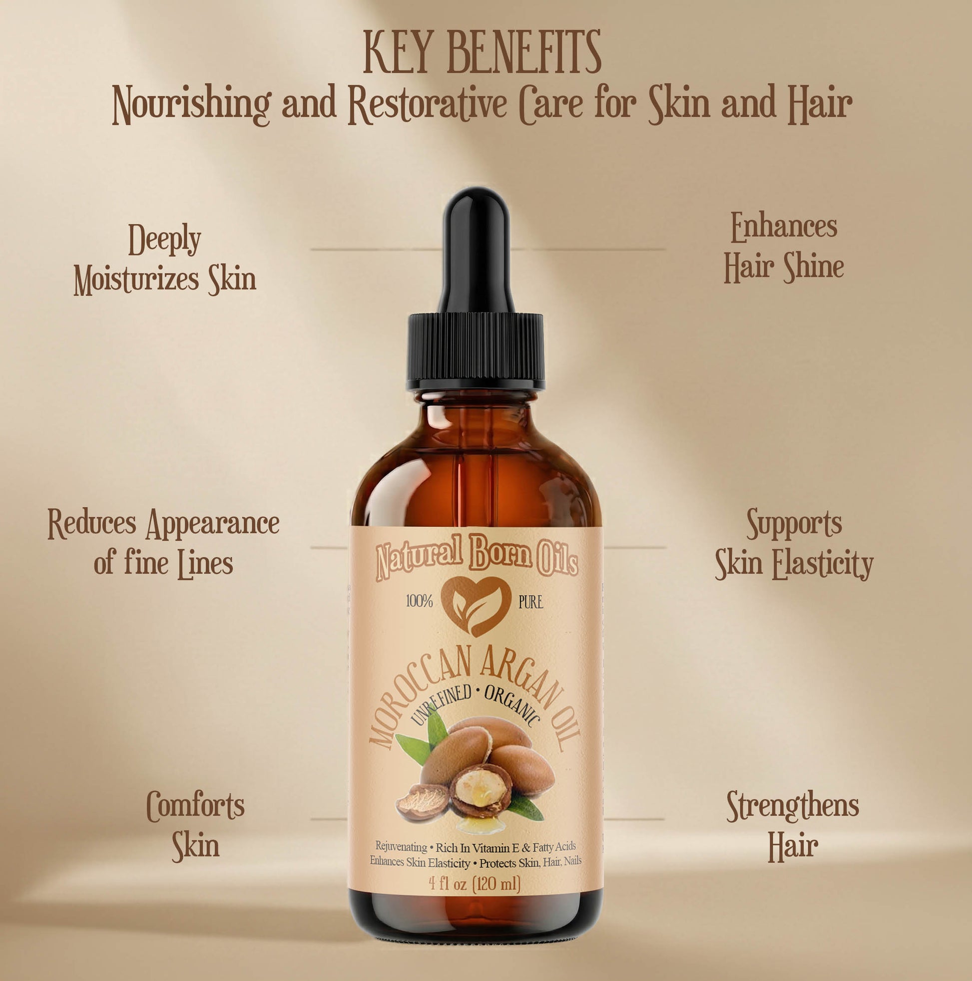 Bottle of Moroccan Argan Oil with key benefits listed on a beige background