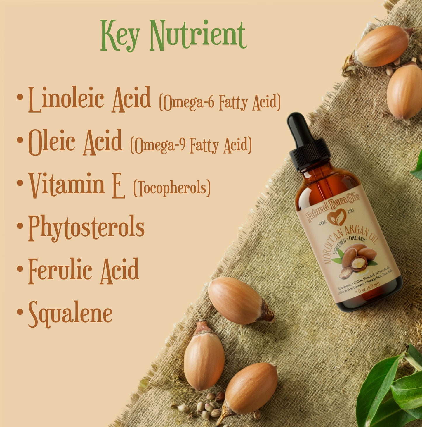 Bottle of natural oil with key nutrients listed on a beige background