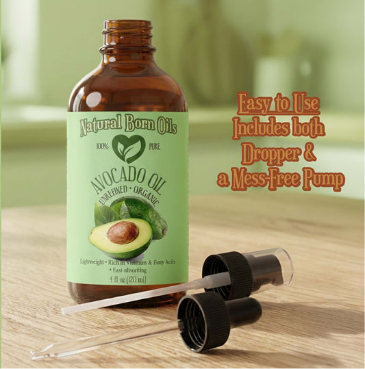 Avocado oil bottle with dropper and pump on a wooden surface