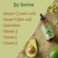 Avocado oil bottle with key nutrients listed on a green background
