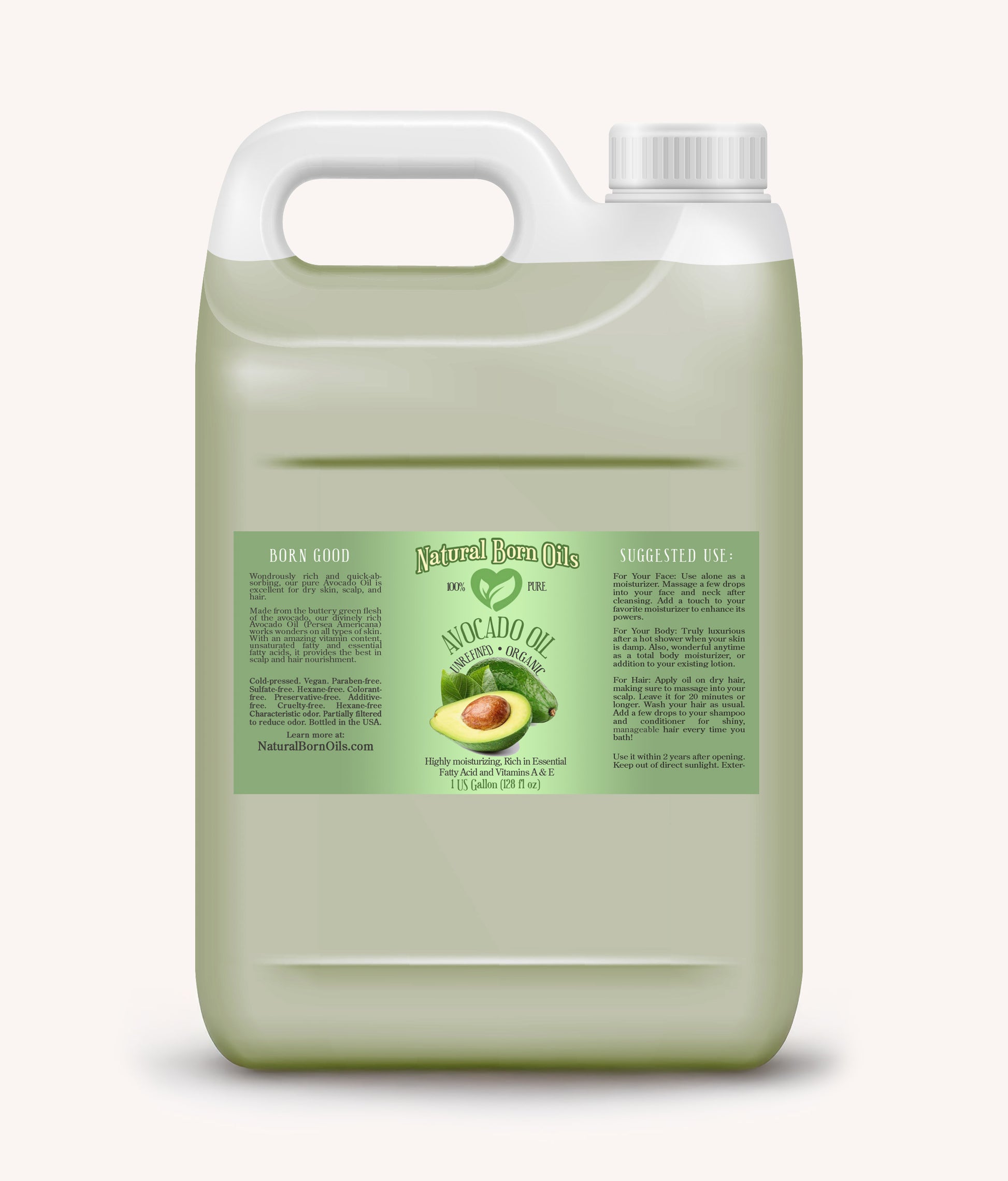 Large container of avocado oil with a label on a white background