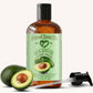Bottle of Natural Born Oils avocado oil with a green label, accompanied by an avocado and a dropper on a white background.
