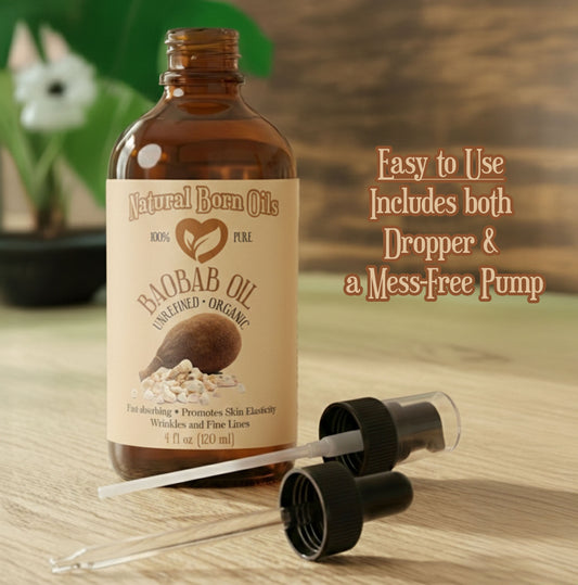 Bottle of Natural Born Oils Baobab Oil with dropper and pump on a wooden surface.