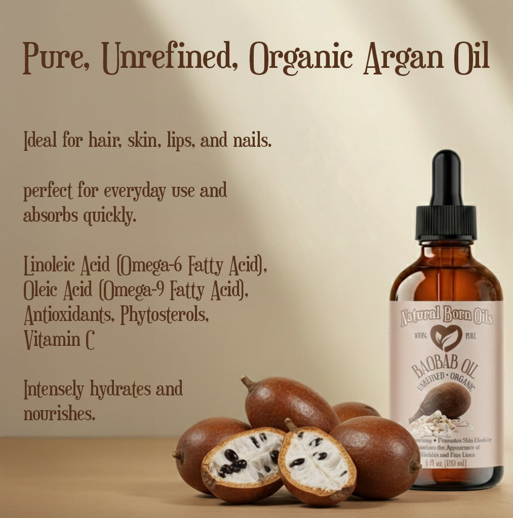 Bottle of Pure, Unrefined, Organic Argan Oil with argan seeds on a beige background