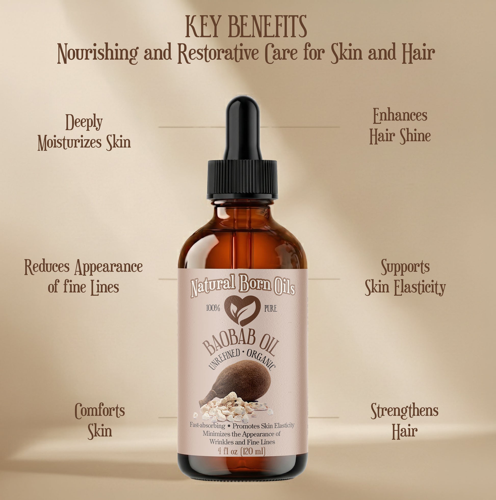 Bottle of Natural Born Oils Baobab Oil with key benefits listed on a beige background