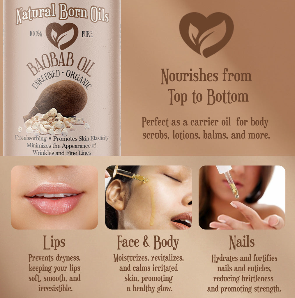 Advertisement for Natural Born Oils Baobab Oil with product details and usage benefits.