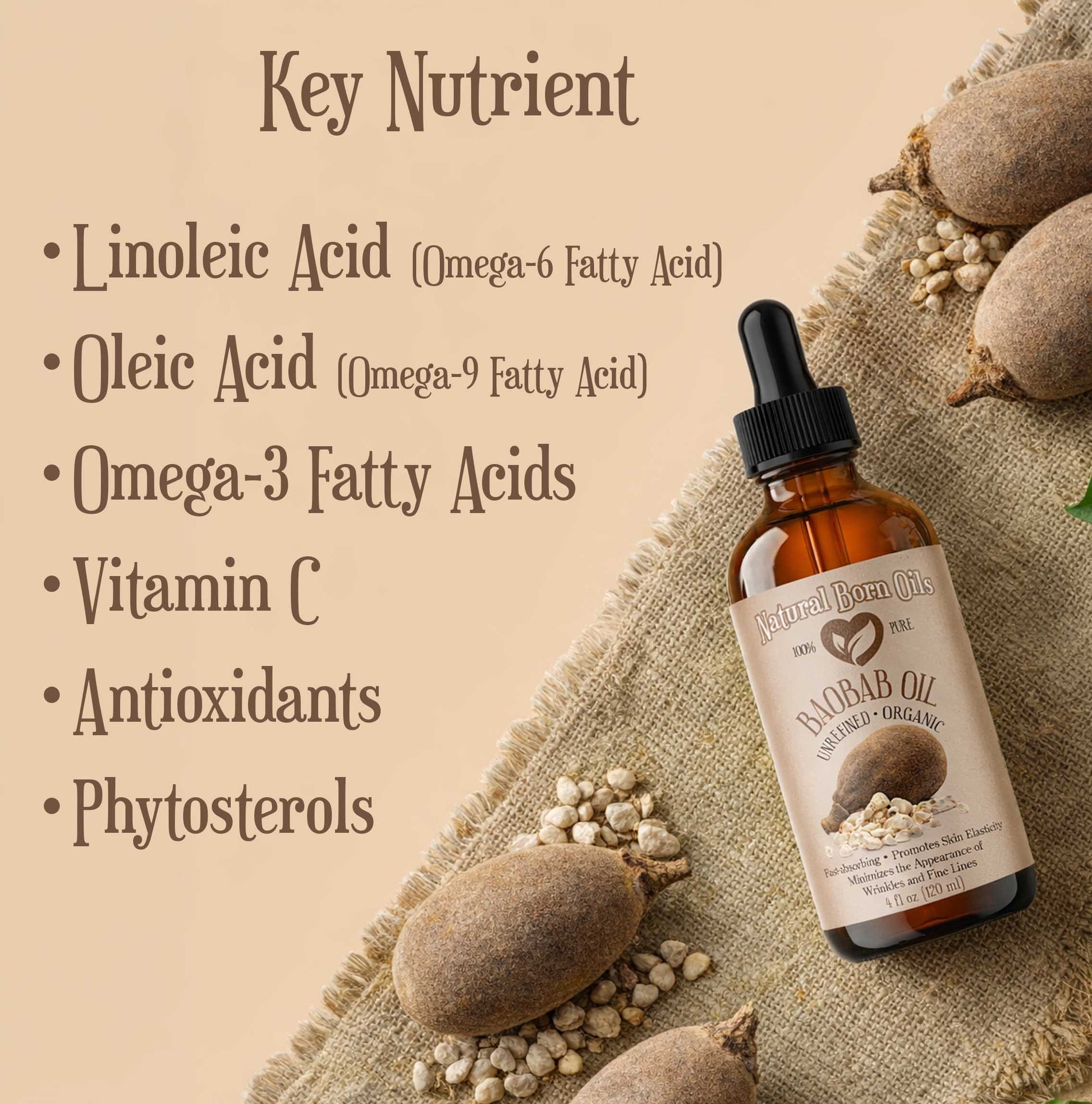 Bottle of Biorab Oil with key nutrients listed on a beige background