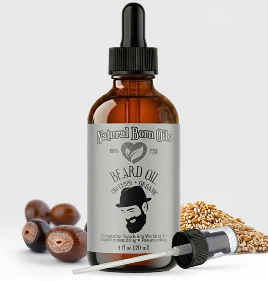 Bottle of Natural Born Oils beard oil with a dropper on a light gray background