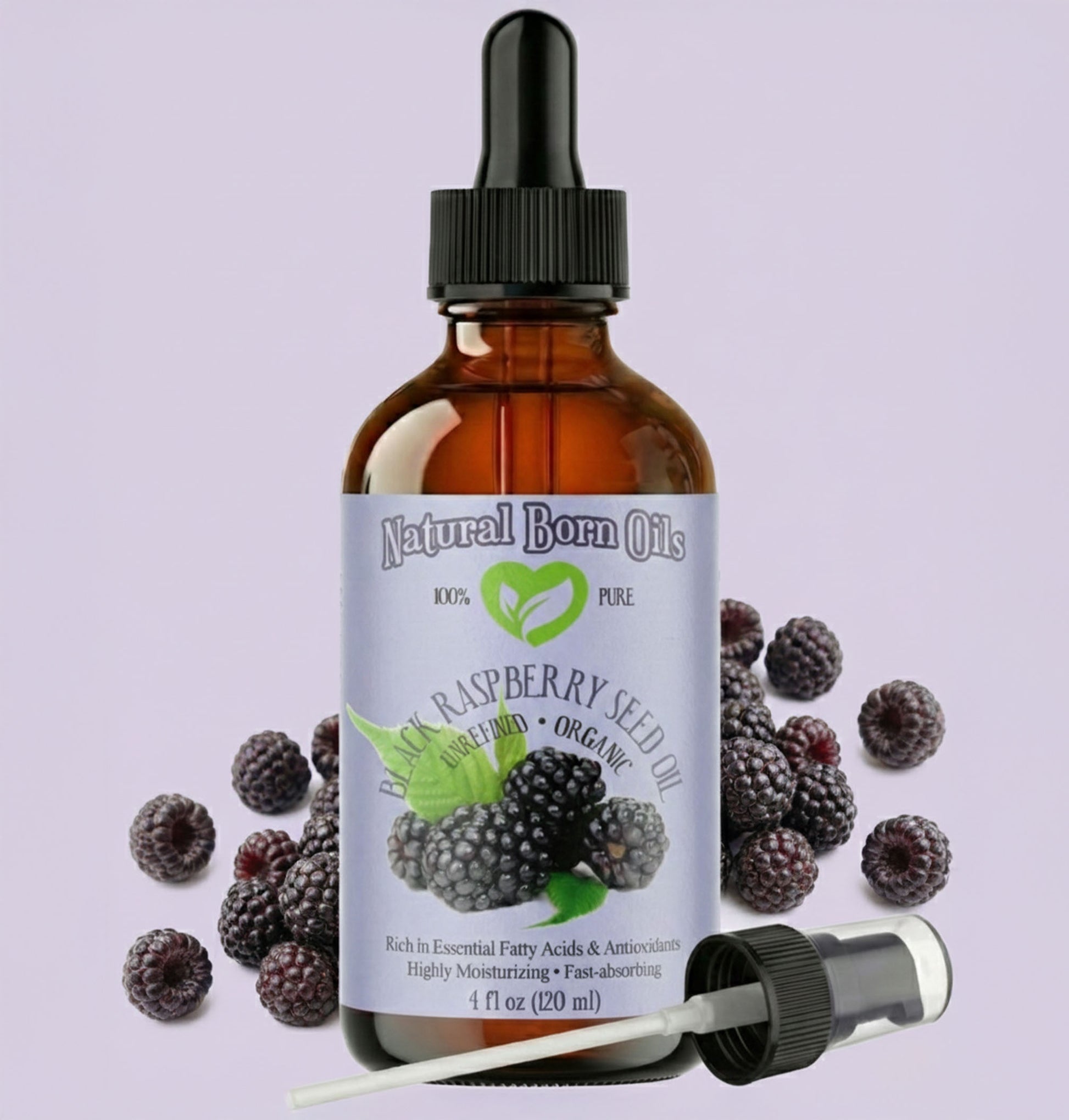 Bottle of Natural Born Oils raspberry seed oil with blackberries on a light purple background