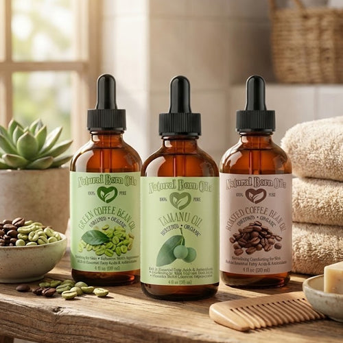 Three bottles of Natural Born Oils on a wooden surface with a blurred background