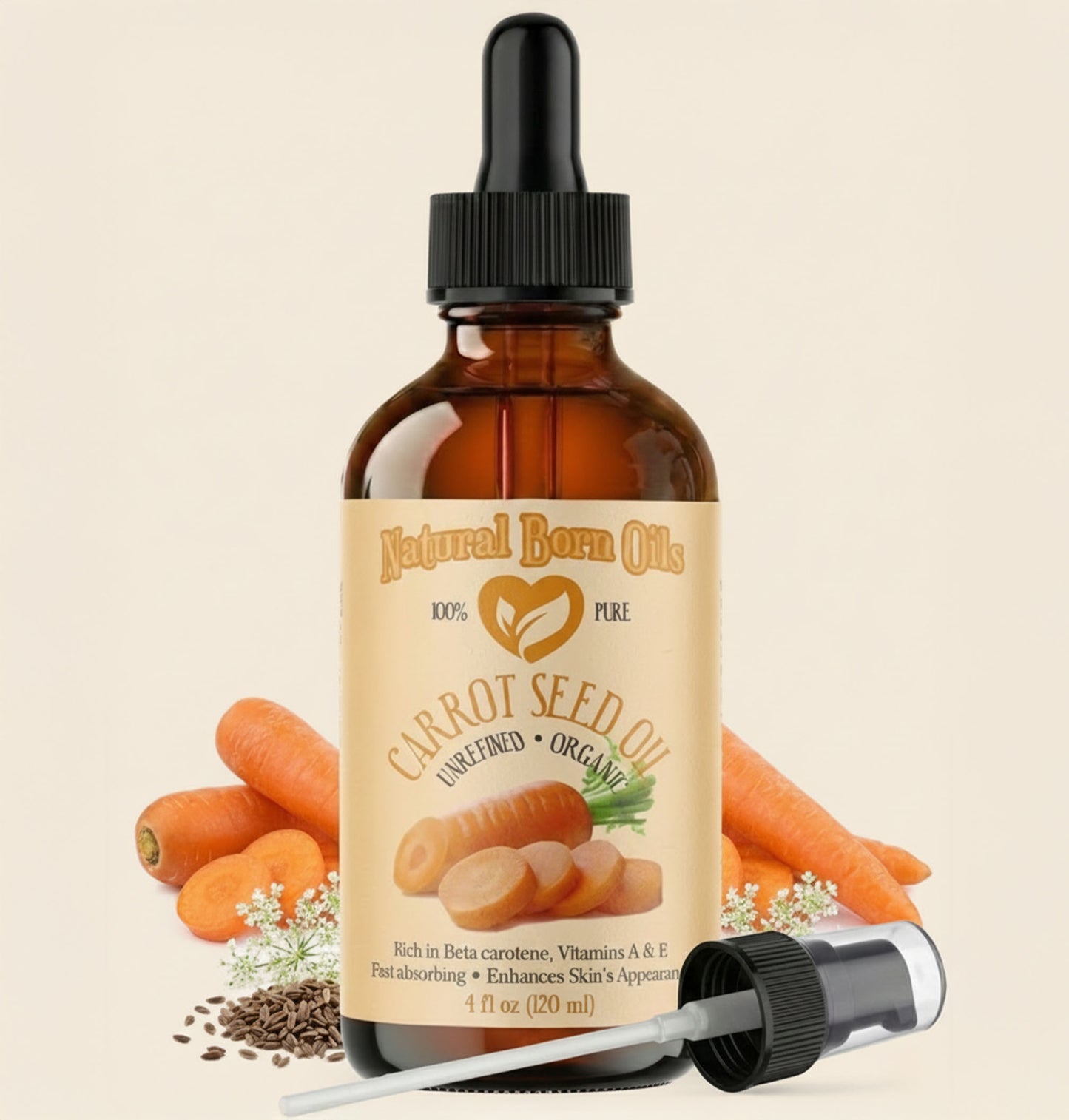Bottle of Natural Barn Oils Carrot Seed Oil with carrots and seeds on a beige background