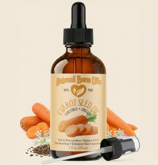 Bottle of Natural Barn Oils Carrot Seed Oil with carrots and seeds on a beige background