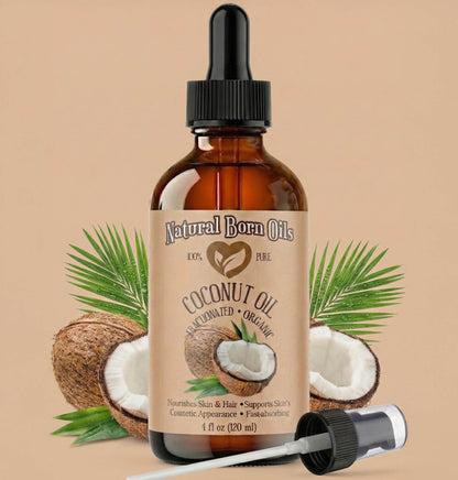 Bottle of Natural Born Oils coconut oil with dropper on a beige background