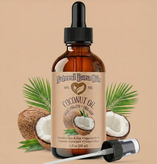 Bottle of Natural Born Oils coconut oil with dropper on a beige background