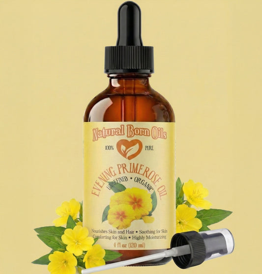 Bottle of Natural Born Oils evening primerose oil with dropper on a beige background