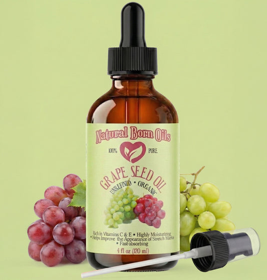 Bottle of Natural Born Oils grape seed oil with dropper on a green background