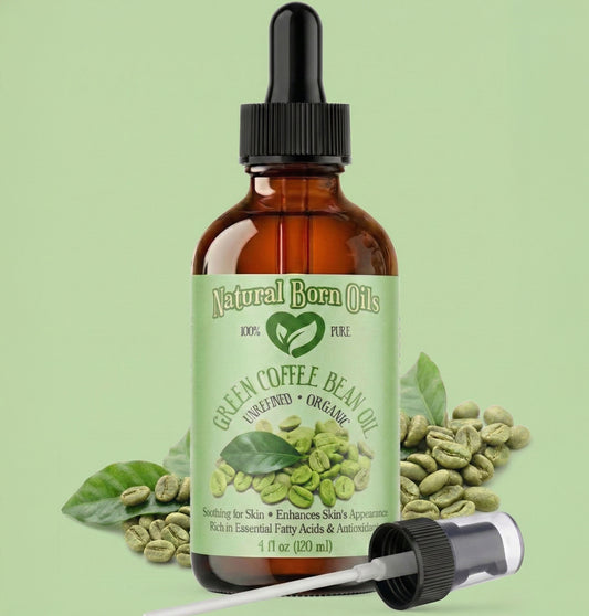 Bottle of Natural Born Oils Green Coffee Bean Oil with dropper on a green background