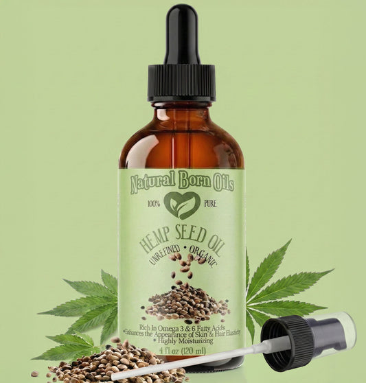 Bottle of Natural Born Oils hemp seed oil with a dropper on a green background