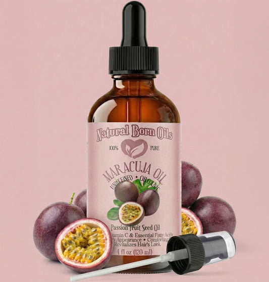 Bottle of Natural Born Oils Maracuja oil with passion fruit on a pink background
