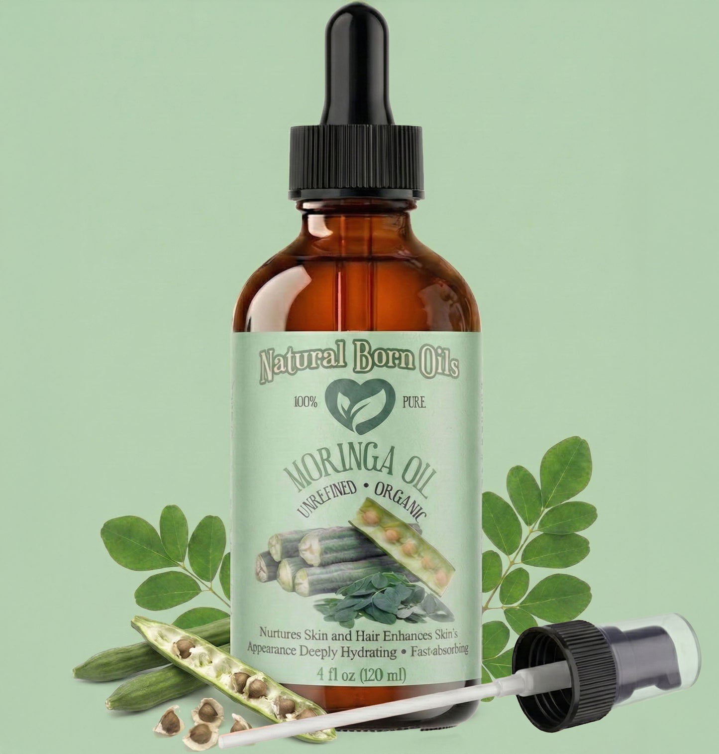 Bottle of Natural Born Oils Moringa oil with dropper on a green background