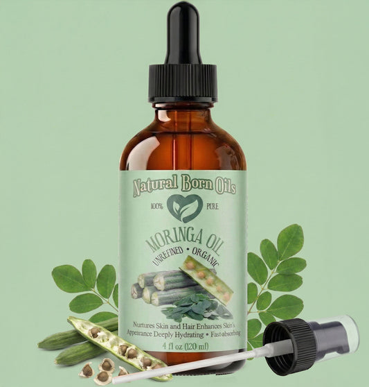Bottle of Natural Born Oils Moringa oil with dropper on a green background