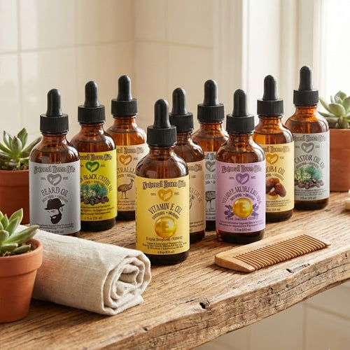 Row of bottles with labels on a wooden surface with plants and a comb.