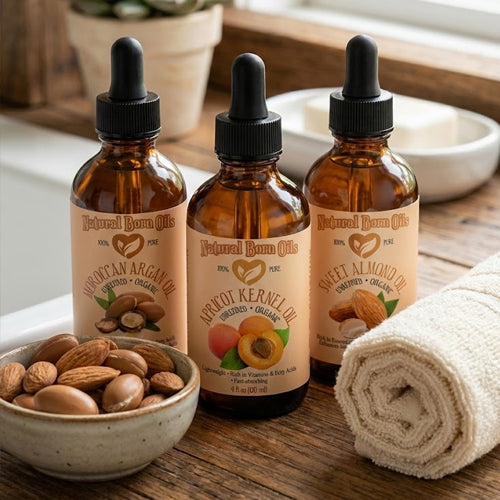 Three bottles of natural bum oils with a bowl of nuts and a towel on a wooden surface.