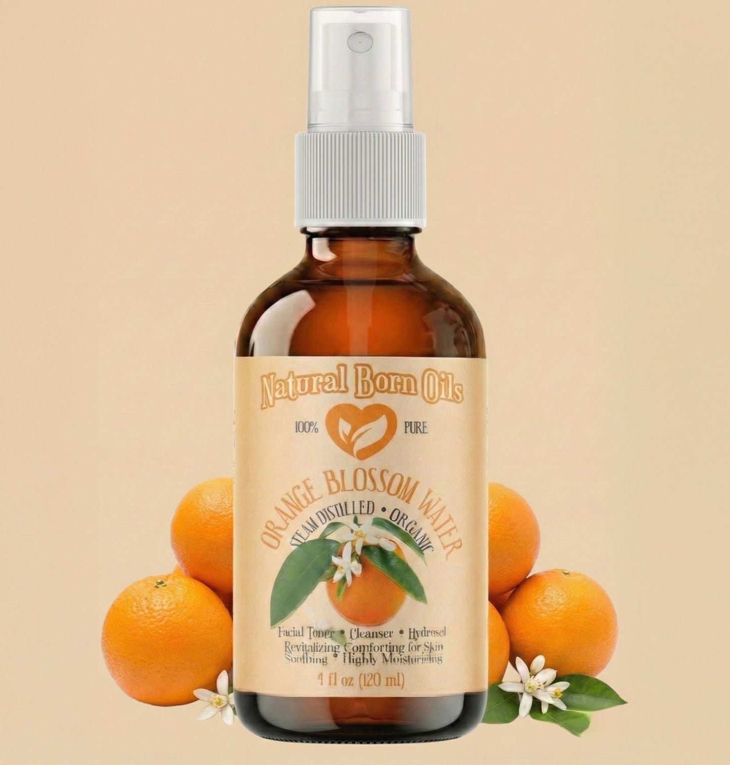 Bottle of Natural Born Oils Orange Blossom Water with oranges and orange blossoms on a beige background