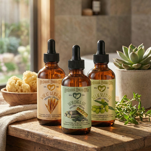 Three bottles of Natural Born Oil on a wooden surface with a plant and bowl in the background.