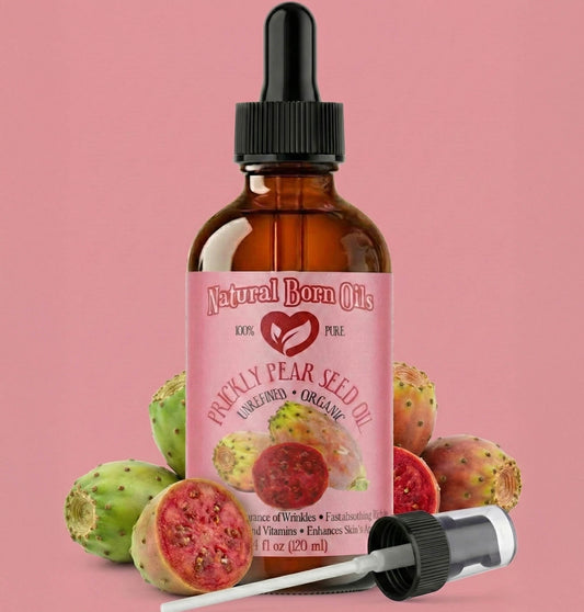 Bottle of Natural Born Oils Prickly Pear Seed Oil with a pink label on a pink background