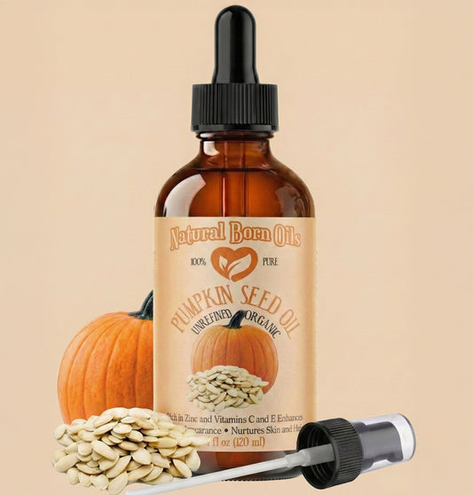 Bottle of Natural Born Oils pumpkin seed oil with seeds and dropper on a beige background
