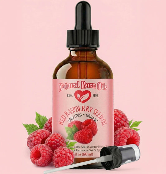 Bottle of Natural Born Oils Red Raspberry Seed Oil with a dropper on a pink background