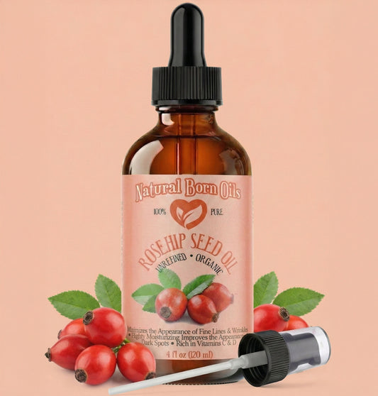 Bottle of Natural Born Oils Rosehip Seed Oil with dropper on a peach background