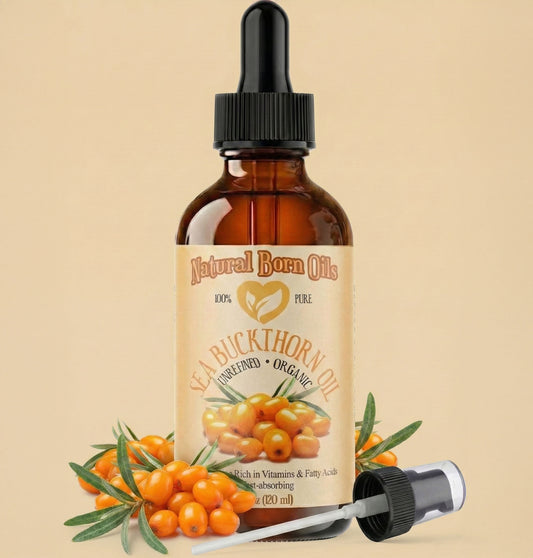 Bottle of Natural Born Oils Sea Buckthorn Oil with a dropper on a beige background